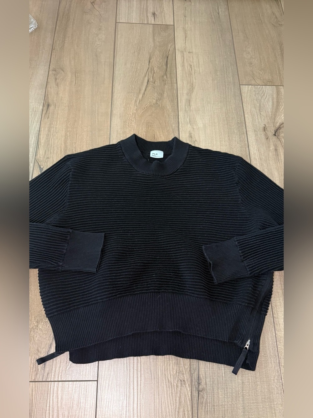 FLX Black Ribbed Knit Mock Neck Sweater S Side Zip Pullover